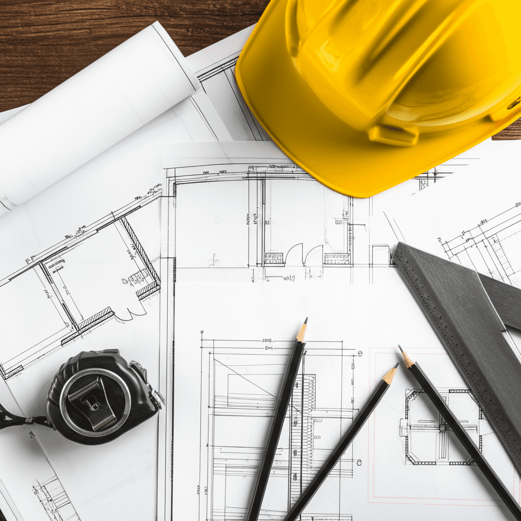Architectural blueprints and engineering drawings on a table with a hard hat and measuring tape