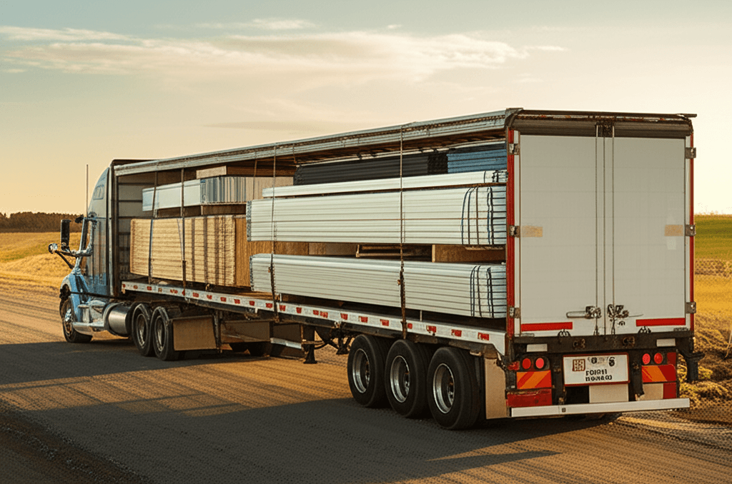 Flatbed truck loaded with building components arriving at a construction site